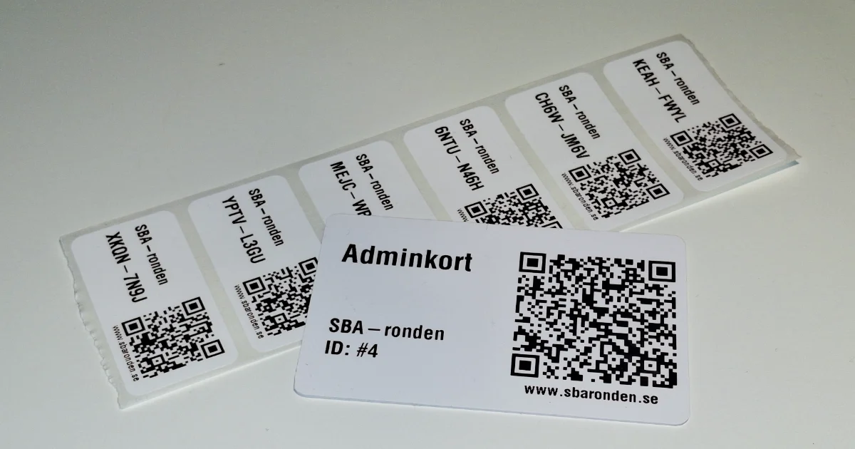 Adminkort och QR-etiketter som används för SBA-ronden.