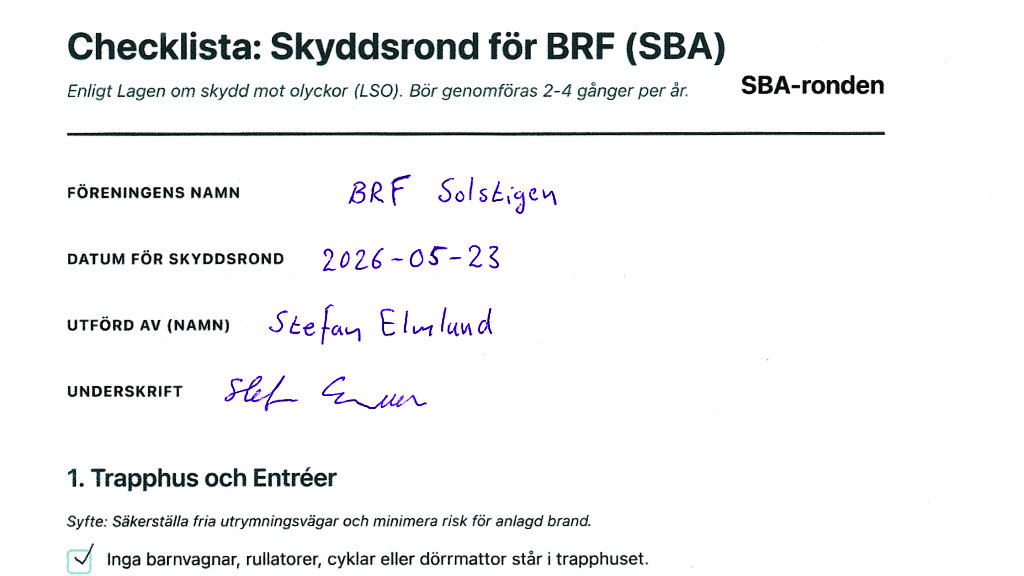 Inskannad pappersmall med checklista för systematiskt brandskyddsarbete anpassad för bostadsrättsföreningar