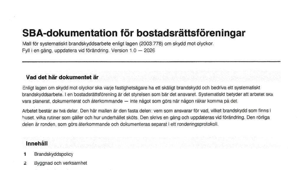 Inskannad pappersmall för systematiskt brandskyddsarbete anpassad för bostadsrättsföreningar